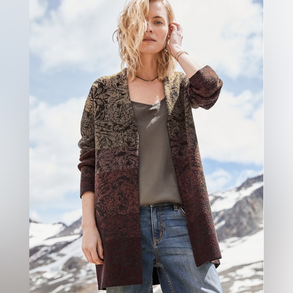 Garnet Hill Long Jacquard Cardigan Sweater Ombré Cabincore Cozy Knit Neutral